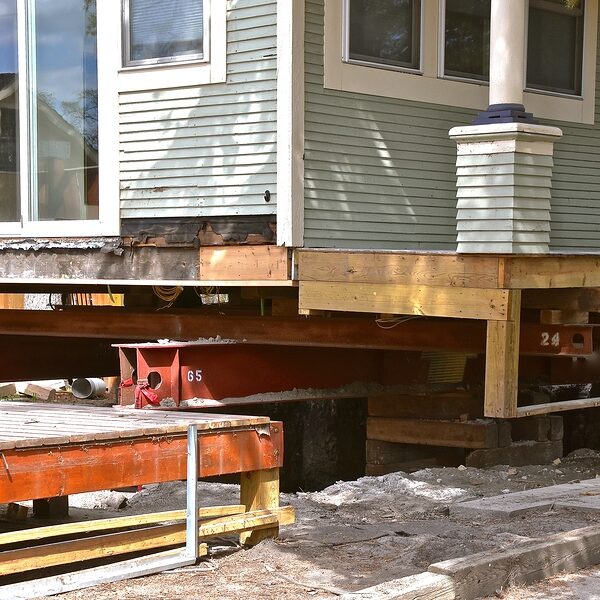 an old house rests on steel girders as a new concrete basement and foundation is being created